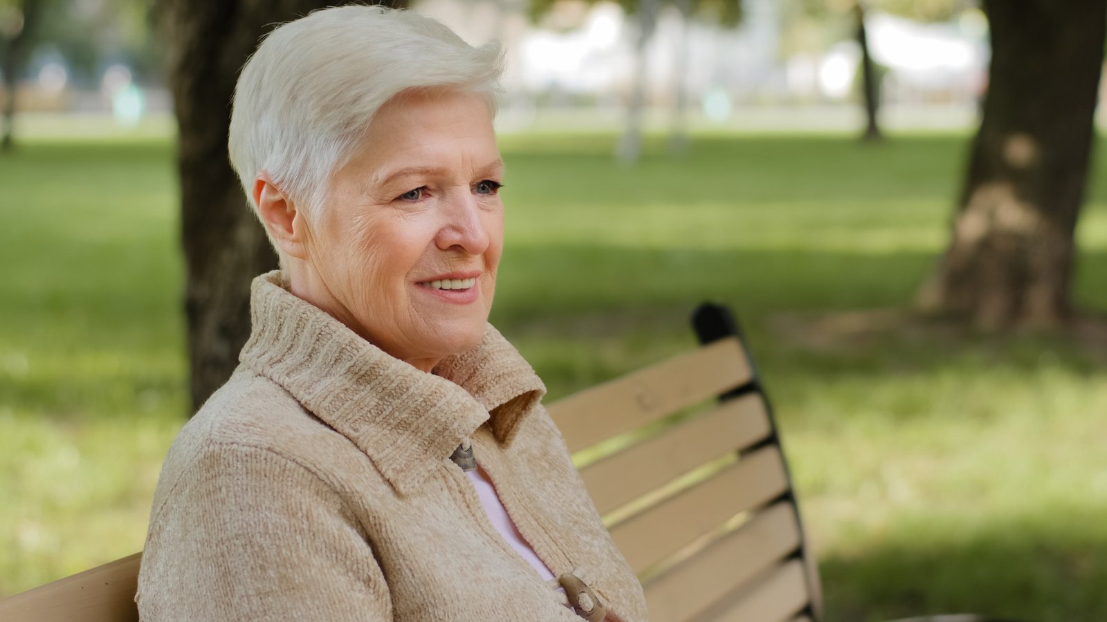 Closeup wrinkled face of 65s happy elderly woman outdoors looking aside having wide smile, dental